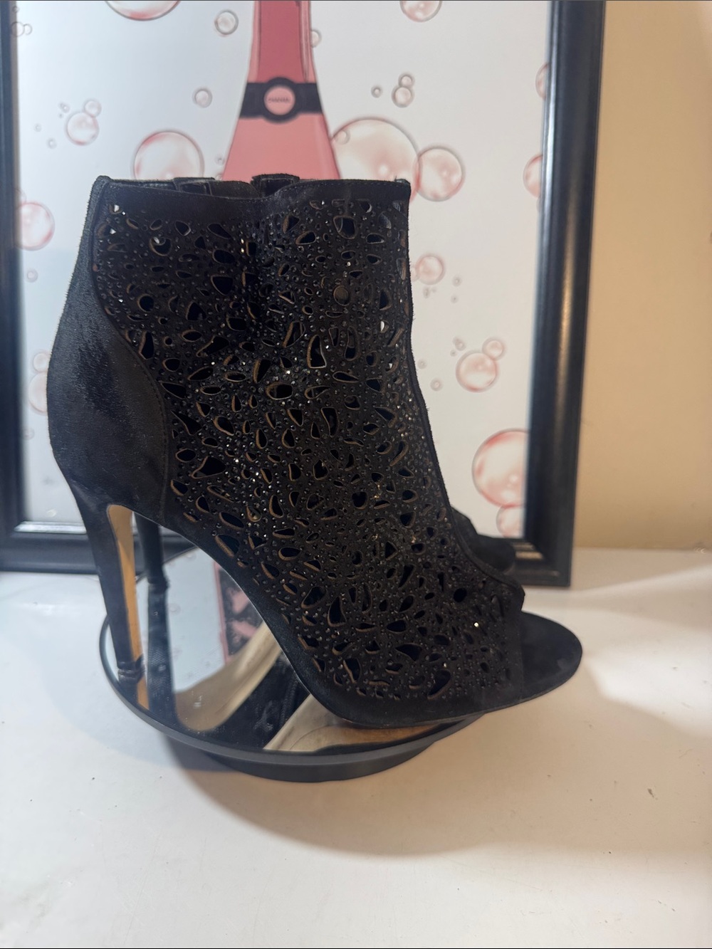 Karl Lagerfeld Black Laser-Cut Suede Peep-Toe Ankle Boots - Women’s Size 7.5